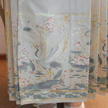 Mythstone Long Sleeve Shirt Top Chinese Hanfu Crane Lotus Printed Horse Face Skirt Mamianqun