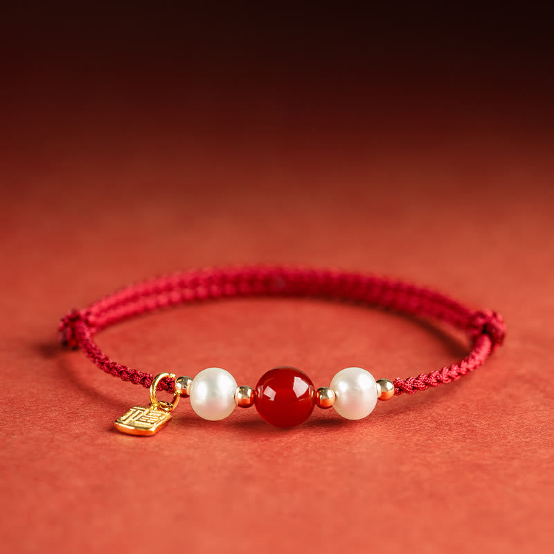 Mythstone 925 Sterling Silver Good Fortune Fu Character Agate Pearl Red String Braid Bracelet