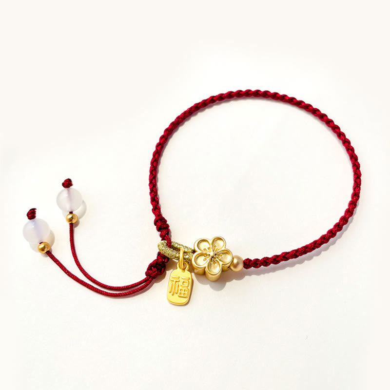 Mythstone Handmade Peach Blossom Rosette Bow Knot Fu Character Charm Luck Fortune Red Rope Bracelet