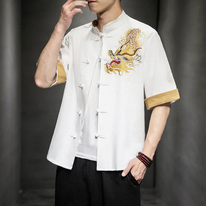 Mythstone Frog-Button Chinese Dragon Auspicious Cloud Embroidery Half Sleeve Shirt Cotton Linen Men Clothing