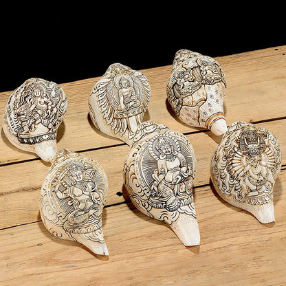 Mythstone Tibetan Handmade Engraved Shankha Buddha Avalokitesvara Conch Shell Wealth Decoration