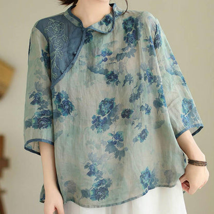 Mythstone Blue Jacaranda Flower Design Three Quarter Sleeve Ramie Linen Shirt