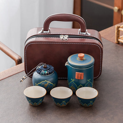 Mythstone Flower Chinese Gongfu Ceramic Teapot Portable Outdoor Travel Tea Set Bag