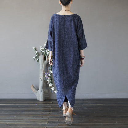 Mythstone Blue Flowers Embroidery Jacquard Midi Dress Three Quarter Sleeve Cotton Dress With Pockets