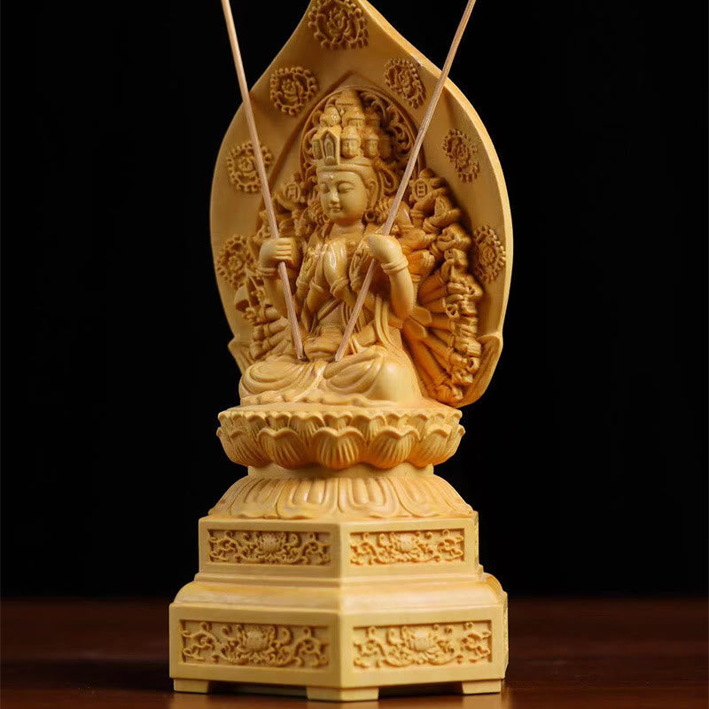 Mythstone Handmade Thousand-armed Avalokitesvara Kwan Yin Bodhisattva Statue Boxwood Abundance Home Decoration