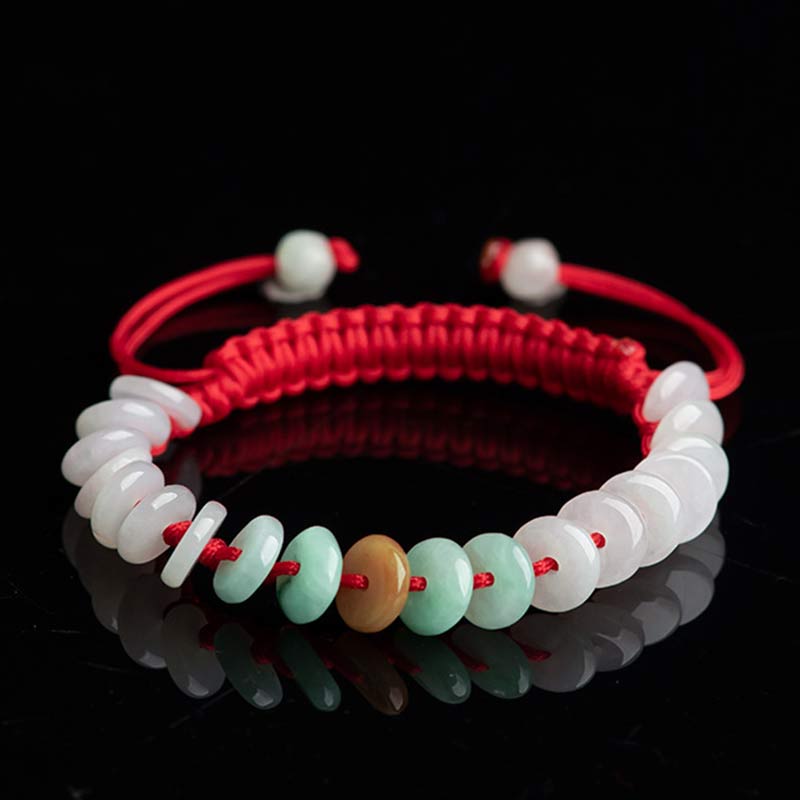 Pulsera tejida con hilo rojo de la suerte y jade redondo Mythstone