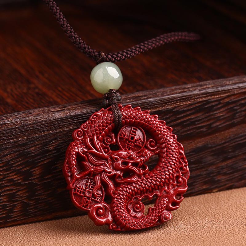 Mythstone Year Of The Dragon Natural Cinnabar Hetian Jade Bead Copper Coin Attract Wealth Strength Necklace Pendant