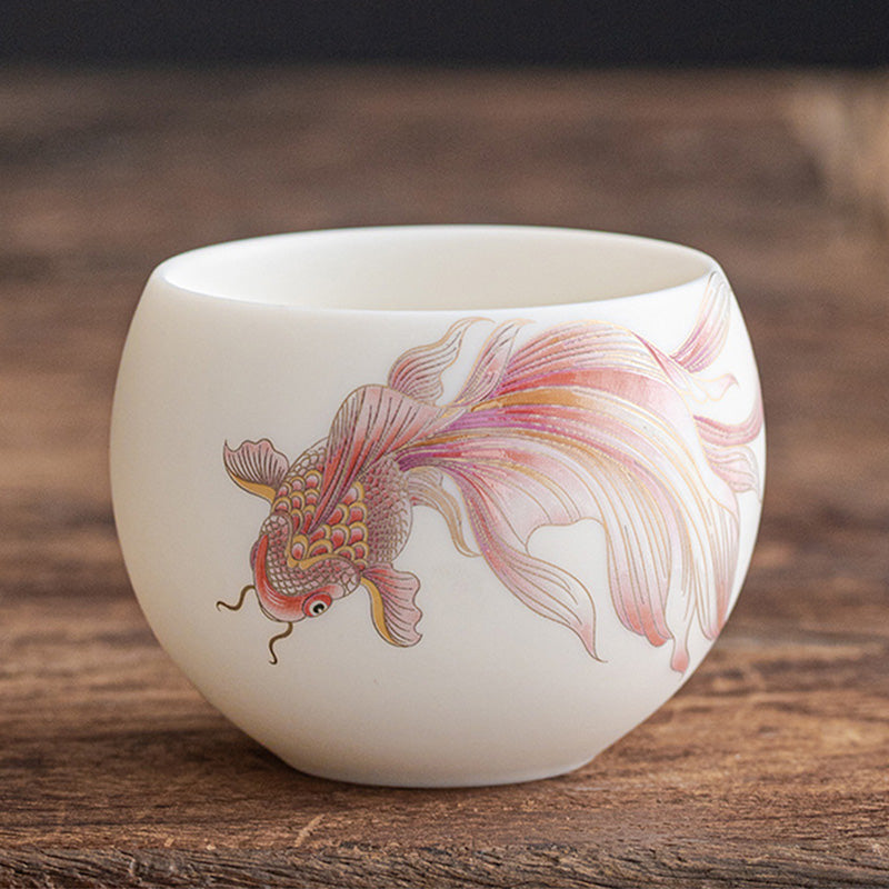 Mythstone Koi Fish White Porcelain Ceramic Teacup Kung Fu Tea Cup