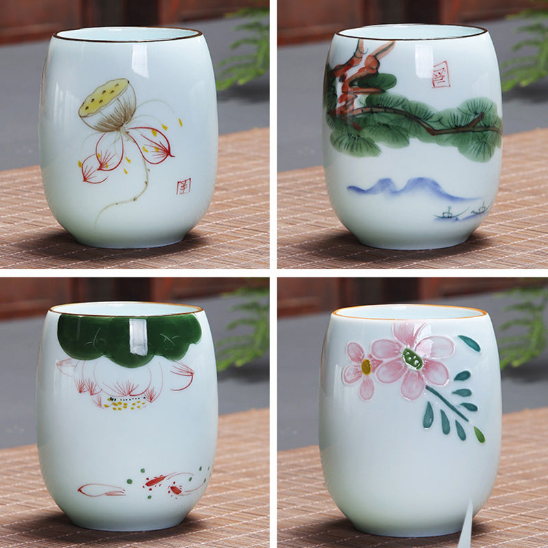 Mythstone Koi Fish Lotus Landscape Dandelion Peony Flower Ceramic Teacup Kung Fu Tea Cup