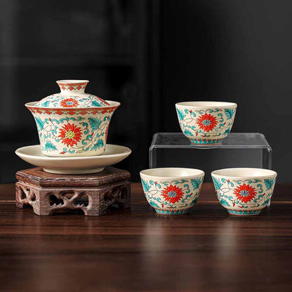 Mythstone A Panorama of Rivers and Mountains Flowers Ceramic Gaiwan Sancai Teacup Kung Fu Tea Cup And Saucer With Lid