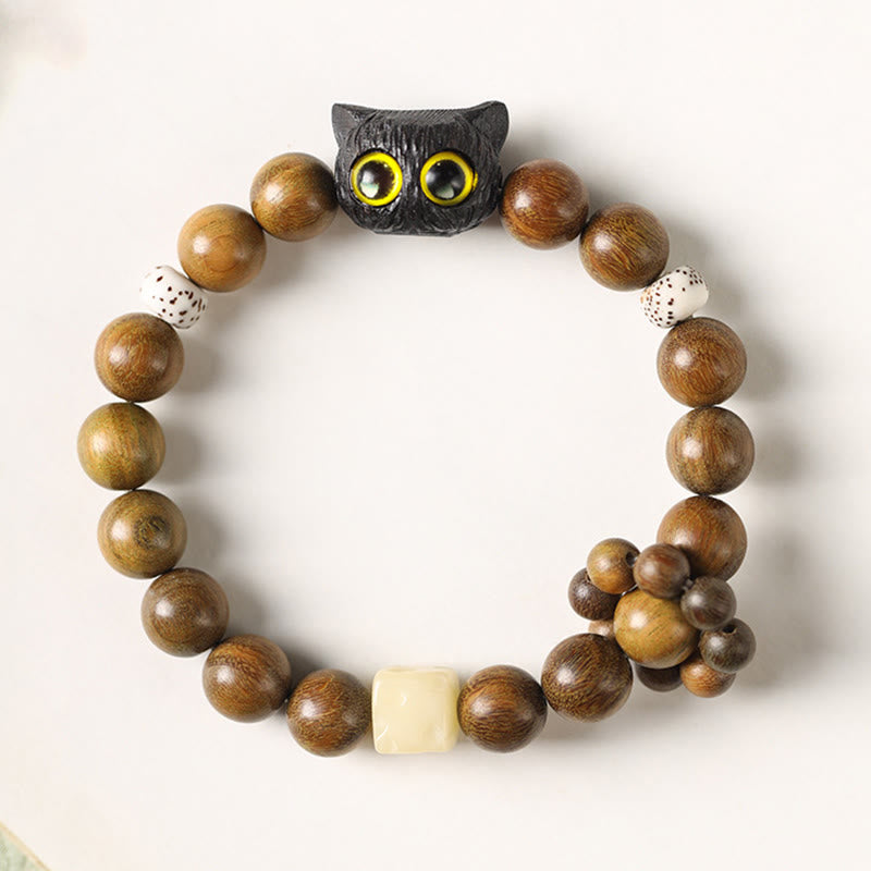 Pulsera relajante de madera de ébano y sándalo verde con diseño de gato y piedra mitológica 