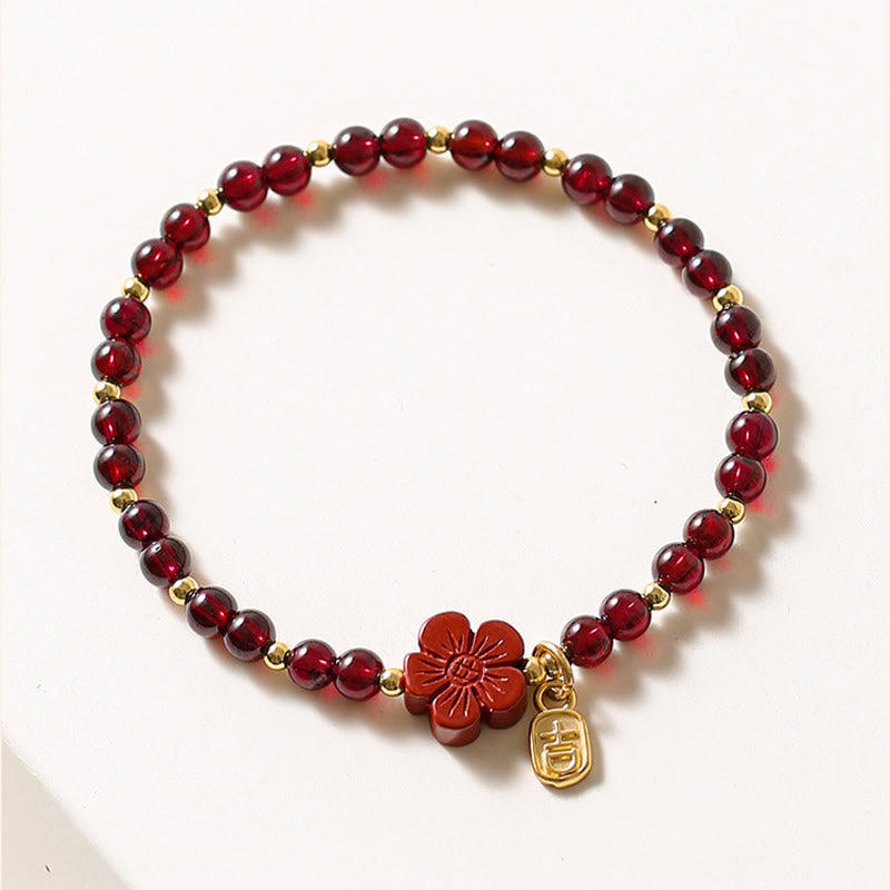 MythStone 14K Gold Natural Garnet Cinnabar Flower Calm Bracelet