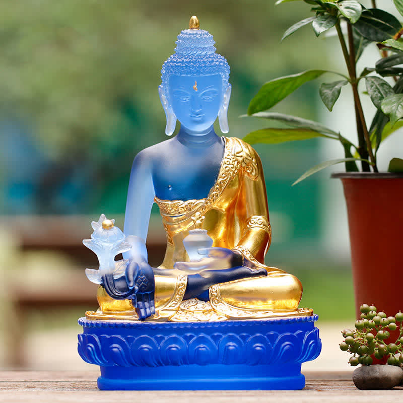 Estatua de compasión hecha a mano de Buda de la medicina de piedra mitológica, obra de arte de cristal de Liuli, ofrenda para el hogar y la oficina