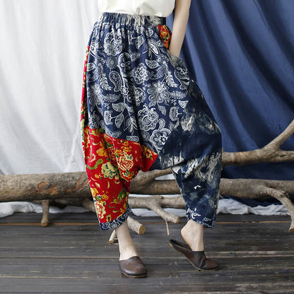 Mythstone Blue Red Peony Flowers Patchwork Cotton Linen Harem Pants With Pockets