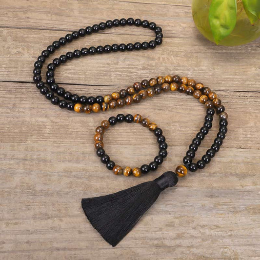 MythStone Tibetan Black Onyx Tiger Eye Protection Necklace Mala Set