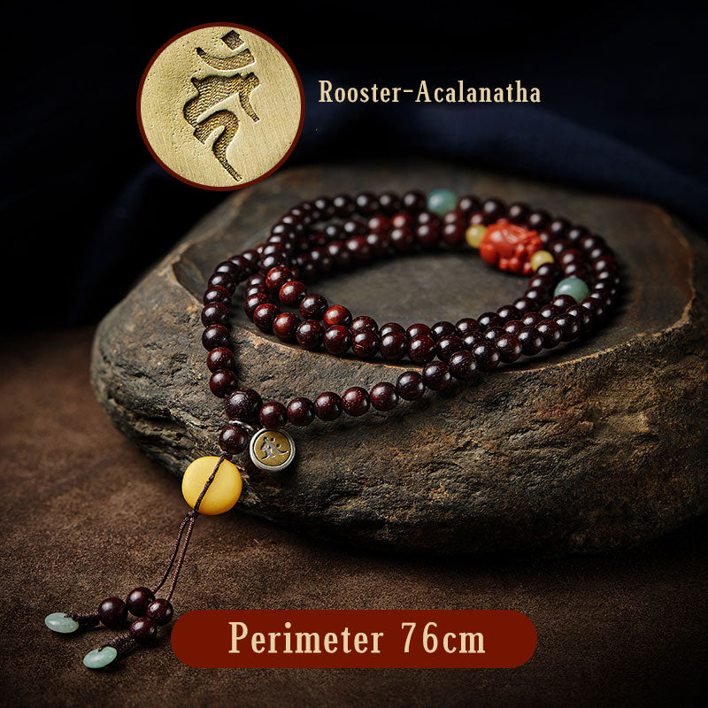 Pulsera de protección PiXiu con 108 cuentas de Buda natal del zodíaco chino de MythStone, hoja pequeña, sándalo rojo, ágata roja