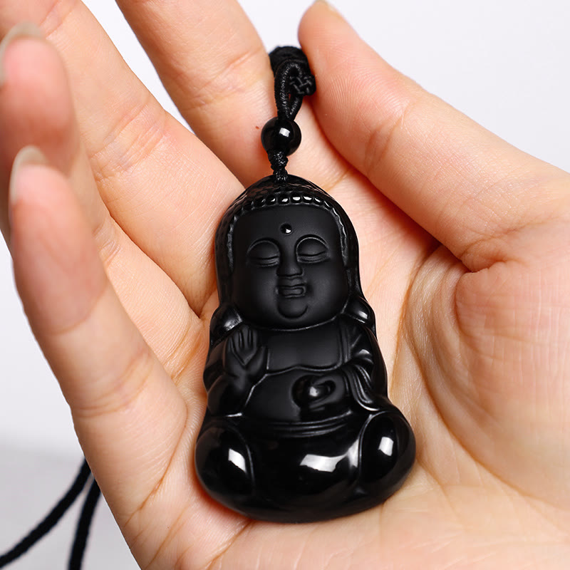 Mythstone Natural Black Obsidian Crystal Buddha Strength Protection Amulet Lucky Charm Pendant Necklace