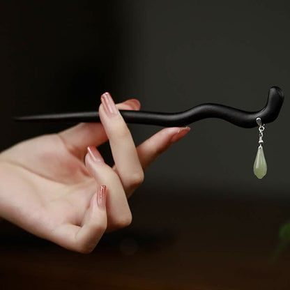 Mythstone 925 Sterling Silver Natural Hetian Jade Ebony Wood Luck Charm Hairpin