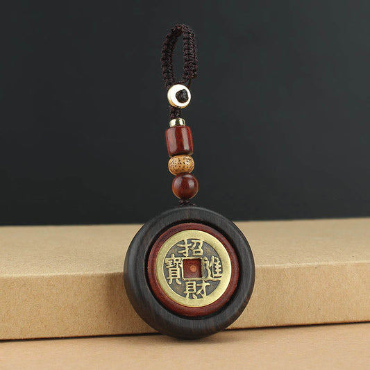 Mythstone Copper Coin Attract Wealth Ebony Wood Red Sandalwood Luck Key Chain Decoration