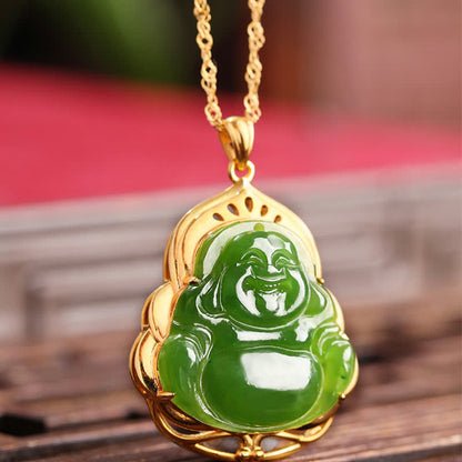 Mythstone 925 Sterling Silver Natural Hetian Cyan Jade Laughing Buddha 18K Gold Healing Necklace Chain Pendant