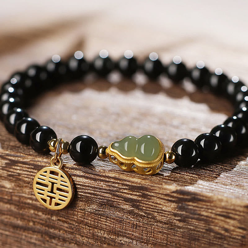 MythStone Natural Black Obsidian Hetian Jade Gourd Double Happiness Strength Bracelet