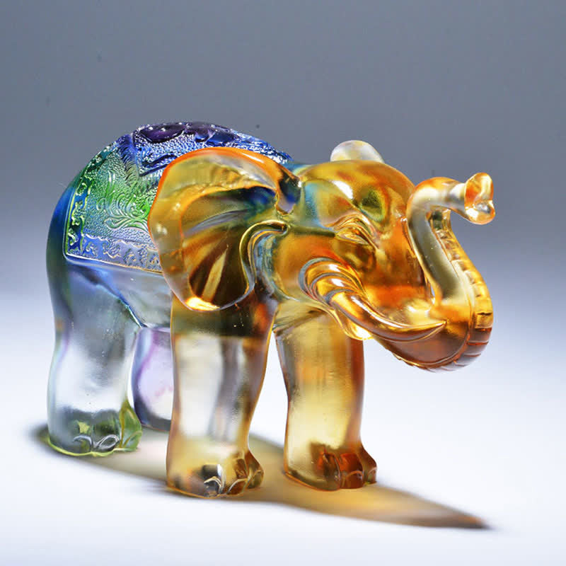 Mythstone Handmade Liuli Crystal Elephant Art Piece Wisdom Wealth Home Decoration