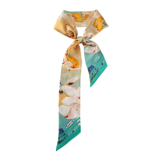 Mythstone Dunhuang Frescoes Mountains Sunset Floral Pattern 100% Mulberry Twilly Silk Neck Hair Scarf