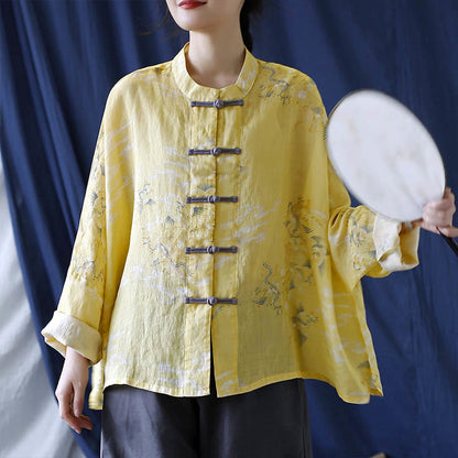 Mythstone Yellow Phoenix Print Frog-button Design Long Sleeve Ramie Linen Jacket Shirt