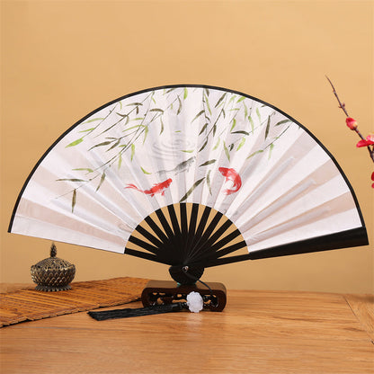 Mythstone Dragon Phoenix Tiger Crane Eagle Wolf Koi Fish Handheld Folding Fan Lotus Tassel Fan