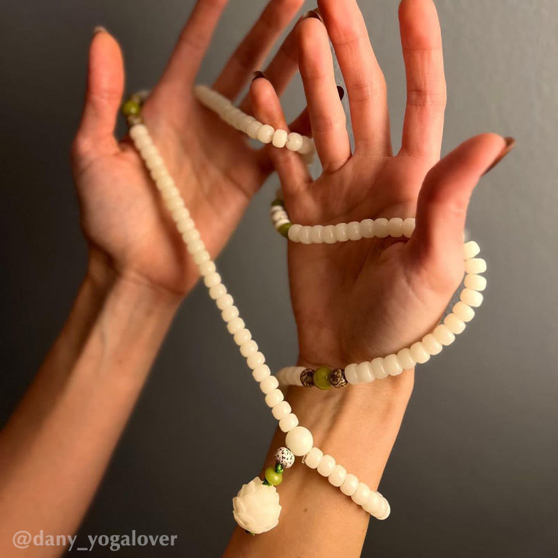 Mythstone White Jade Bodhi Lotus Mala Harmony Necklace Bracelet