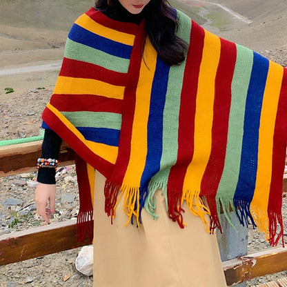 Mythstone Tibetan Colorful Striped Design Shawl Tassels Pullover Winter Cozy Travel Scarf Wrap