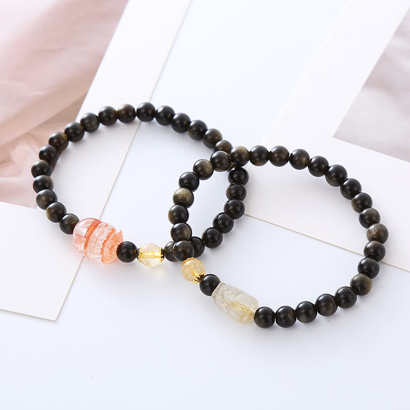 Pulsera de protección de riqueza PiXiu con obsidiana y brillo dorado natural de Mythstone