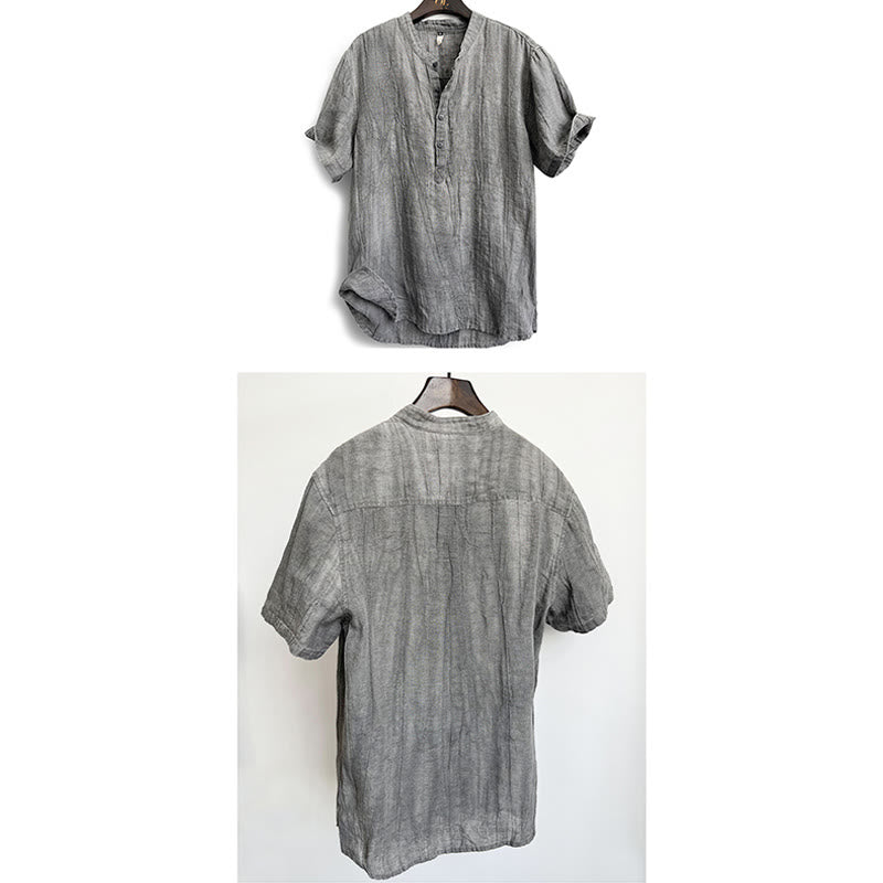 Mythstone Solid Color Short Sleeve Button Shirt Linen Men Clothing