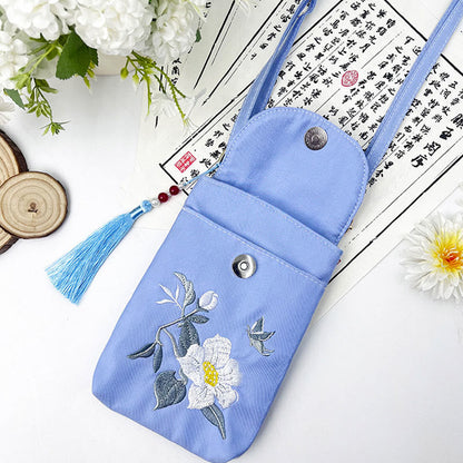 Mythstone Small Embroidered Flowers Crossbody Bag Shoulder Bag Double Layer Cellphone Bag