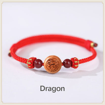 Mythstone Natural Peach Wood Chinese Zodiac Fu Character Carved Cinnabar Wealth Bracelet