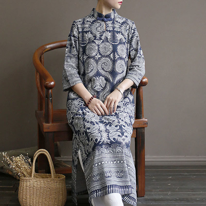 Mythstone Blue And White Porcelain Pattern Frog-button Midi Dress Three Quarter Sleeve Linen Batik Dress With Pockets