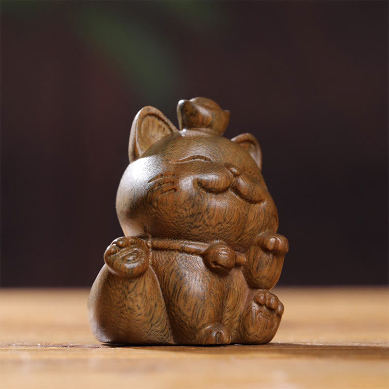 Mythstone Mini Green Sandalwood Ingot Lucky Cat Carved Peace Desk Decorations