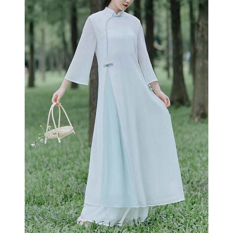 Mythstone Three Quarter Sleeve Chiffon Cheongsam Midi Dress Wide Leg Pants Meditation Zen Practice Clothing