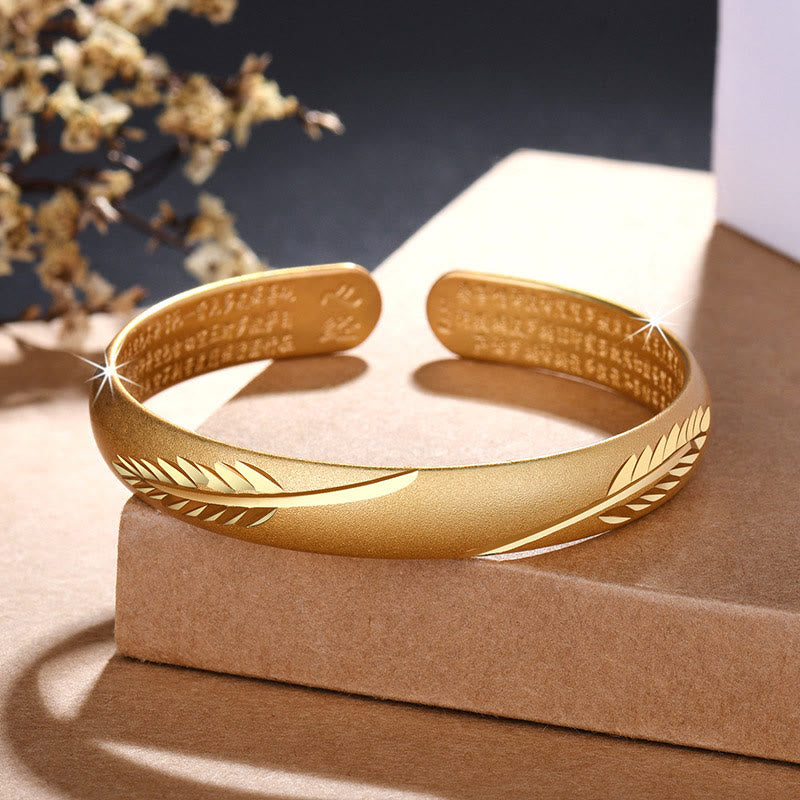 Mythstone Feather Heart Sutra Engraved Pattern Wealth Copper Cuff Bracelet Bangle