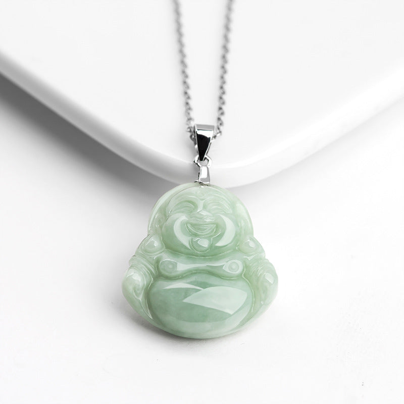 Mythstone 925 Sterling Silver Laughing Buddha Jade Blessing Necklace Chain Pendant