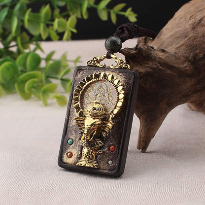 Mythstone Ebony Wood Elephant God of Fortune Buddha Blessing Necklace String Pendant