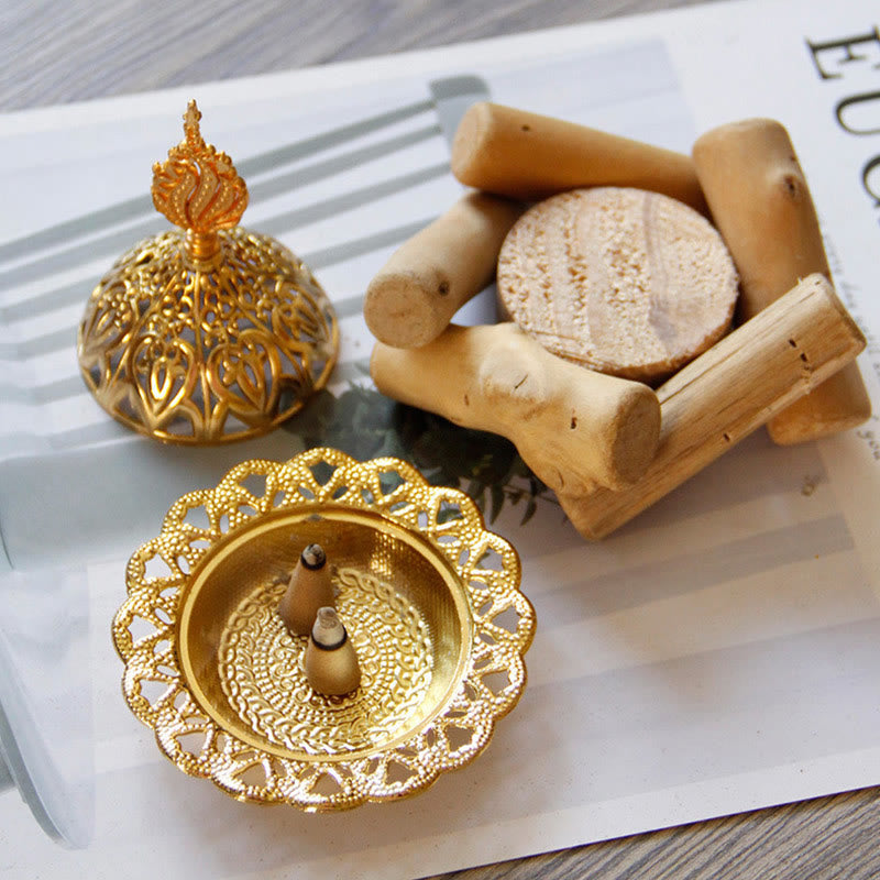 Mythstone Gold Alloy Healing Mini Incense Burner With Wooden Coaster Home Decor