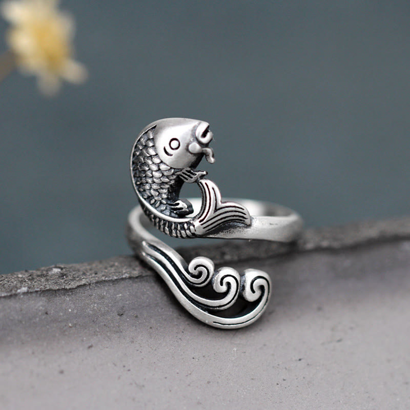 Mythstone 925 Sterling Silver Koi Fish Water Ripple Luck Wealth Ring