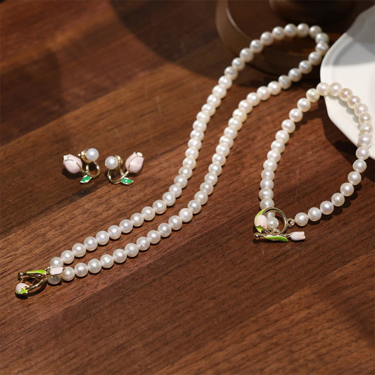 MythStone Natural Pearl Tulip Flower Healing Necklace Pendant Bracelet Earrings Set