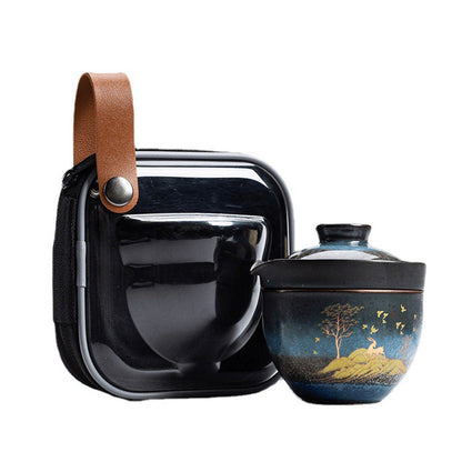 Mythstone Ceramic Teacup Deer Mountain Trees Lovely Cat Black Tea Cup With Lid and Bag