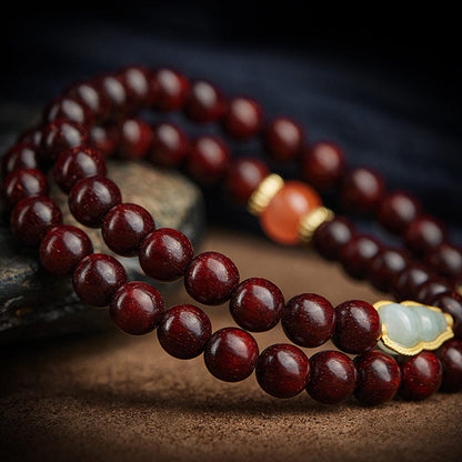 Mythstone Chinese Zodiac Natal Buddha Small Leaf Red Sandalwood Jade Red Agate PiXiu Sooth Bracelet