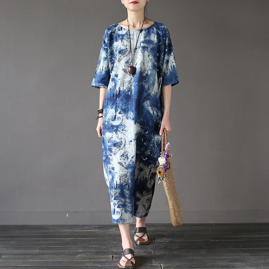 Mythstone Ink Tie Dye Midi Dress Three Quarter Sleeve Cotton Linen Dress With Pockets