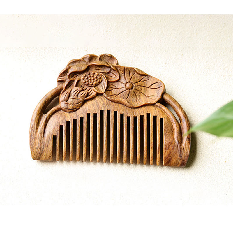 Mythstone Natural Green Sandalwood Lotus Flower Leaf Engraved Soothing Comb