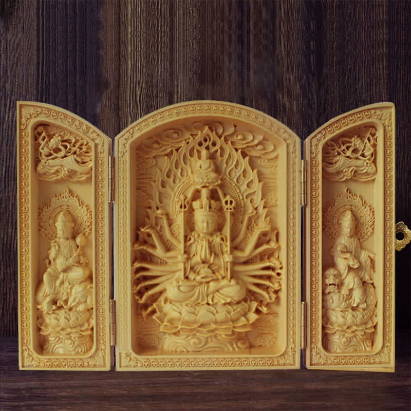 Mythstone Thousand-armed Avalokitesvara Kwan Yin Buddha Boxwood Wealth Home Decoration Altar