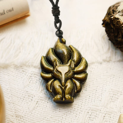 Mythstone Natural Fluorite Gold Sheen Obsidian Fox Pendant Protection Necklace